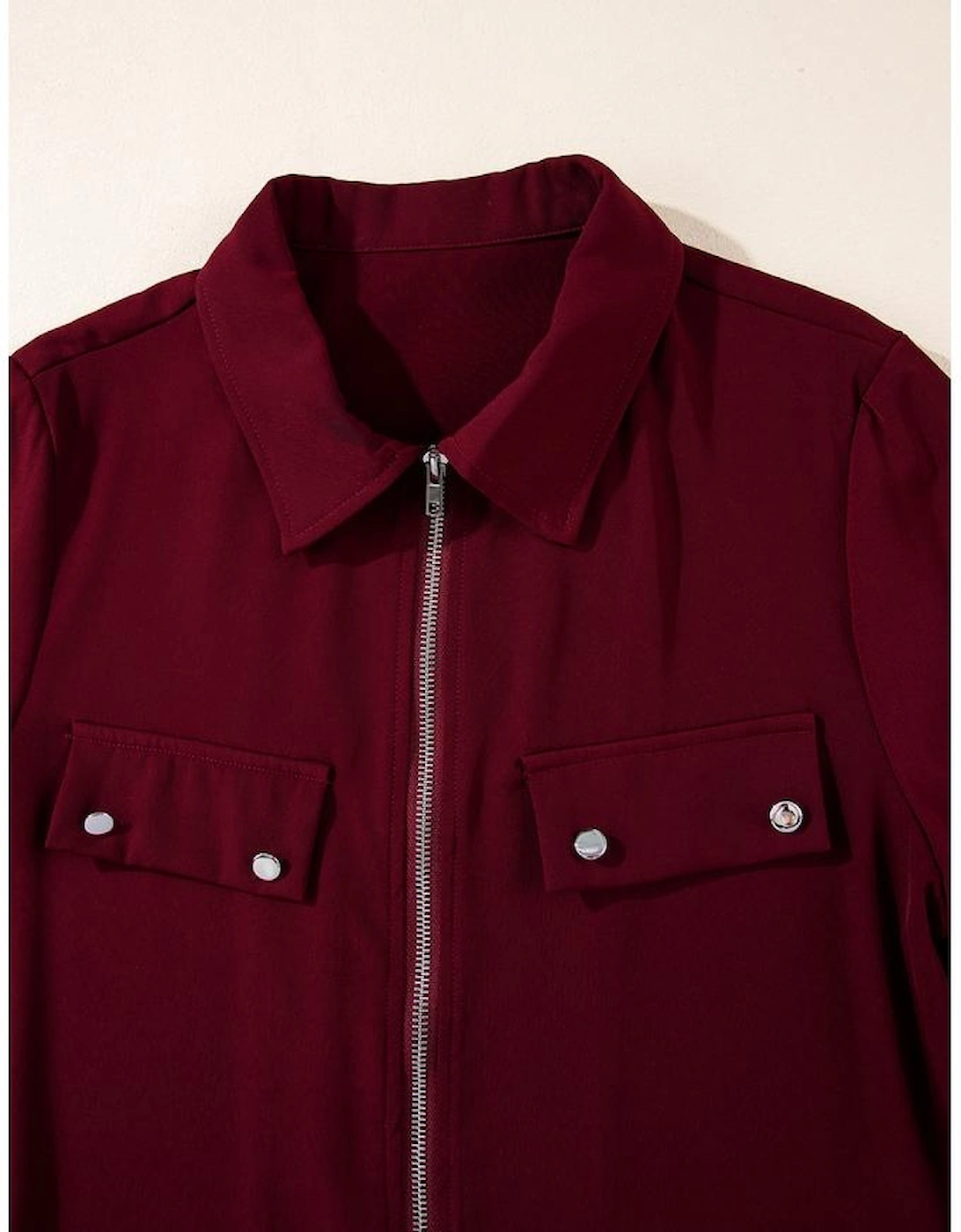 Red Dahlia Collar Tab Sleeve Zip Up Flap Detail Jacket