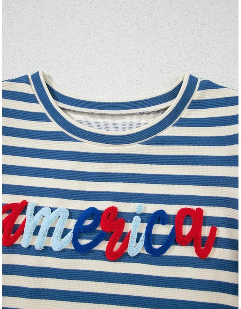 Blue Stripe America Cursive Graphic Puff Sleeve T-shirt