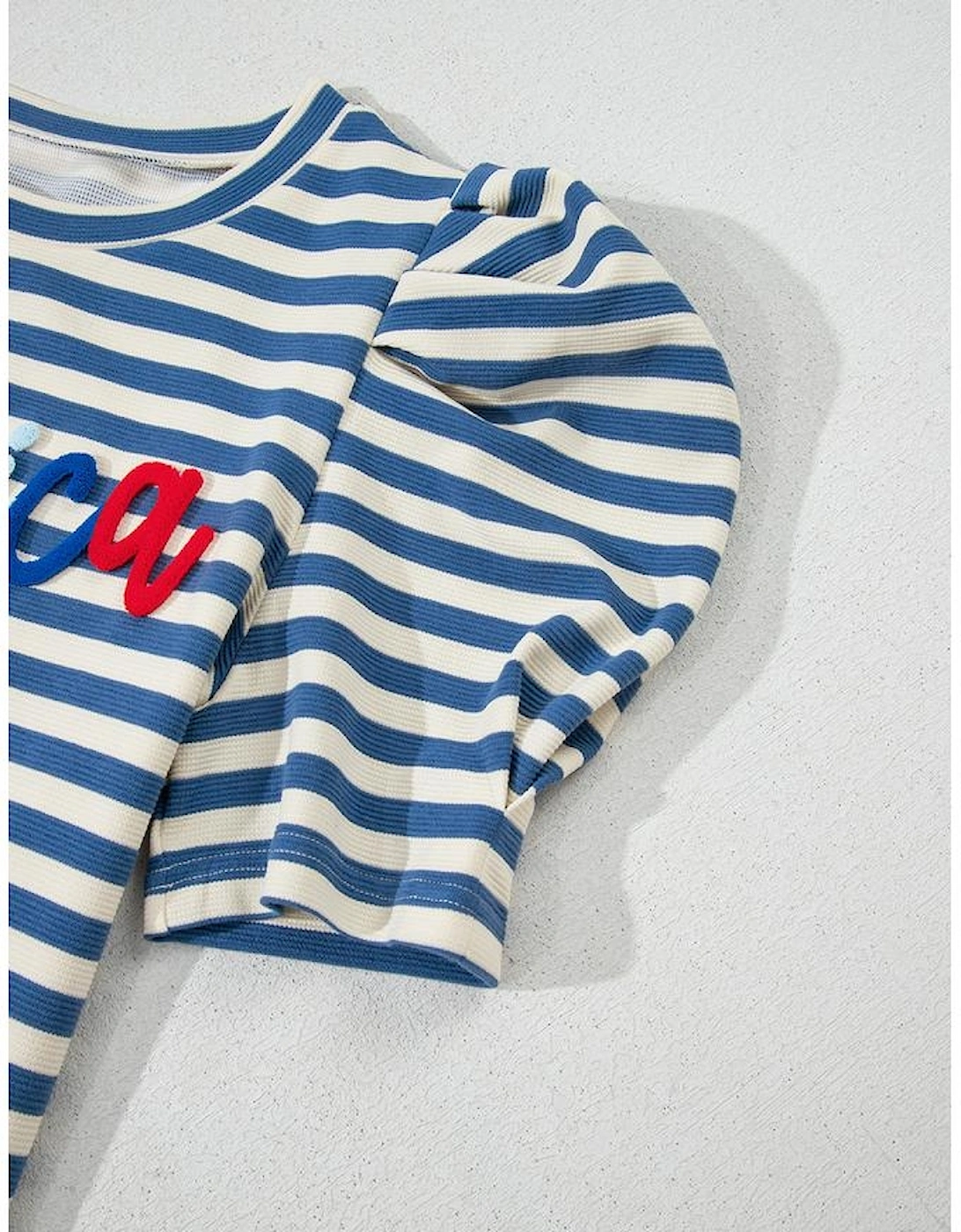 Blue Stripe America Cursive Graphic Puff Sleeve T-shirt