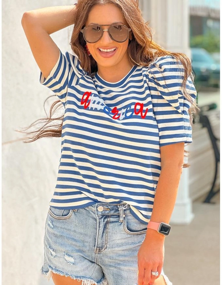 Blue Stripe America Cursive Graphic Puff Sleeve T-shirt