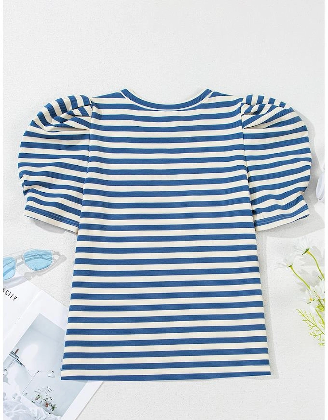 Blue Stripe America Cursive Graphic Puff Sleeve T-shirt