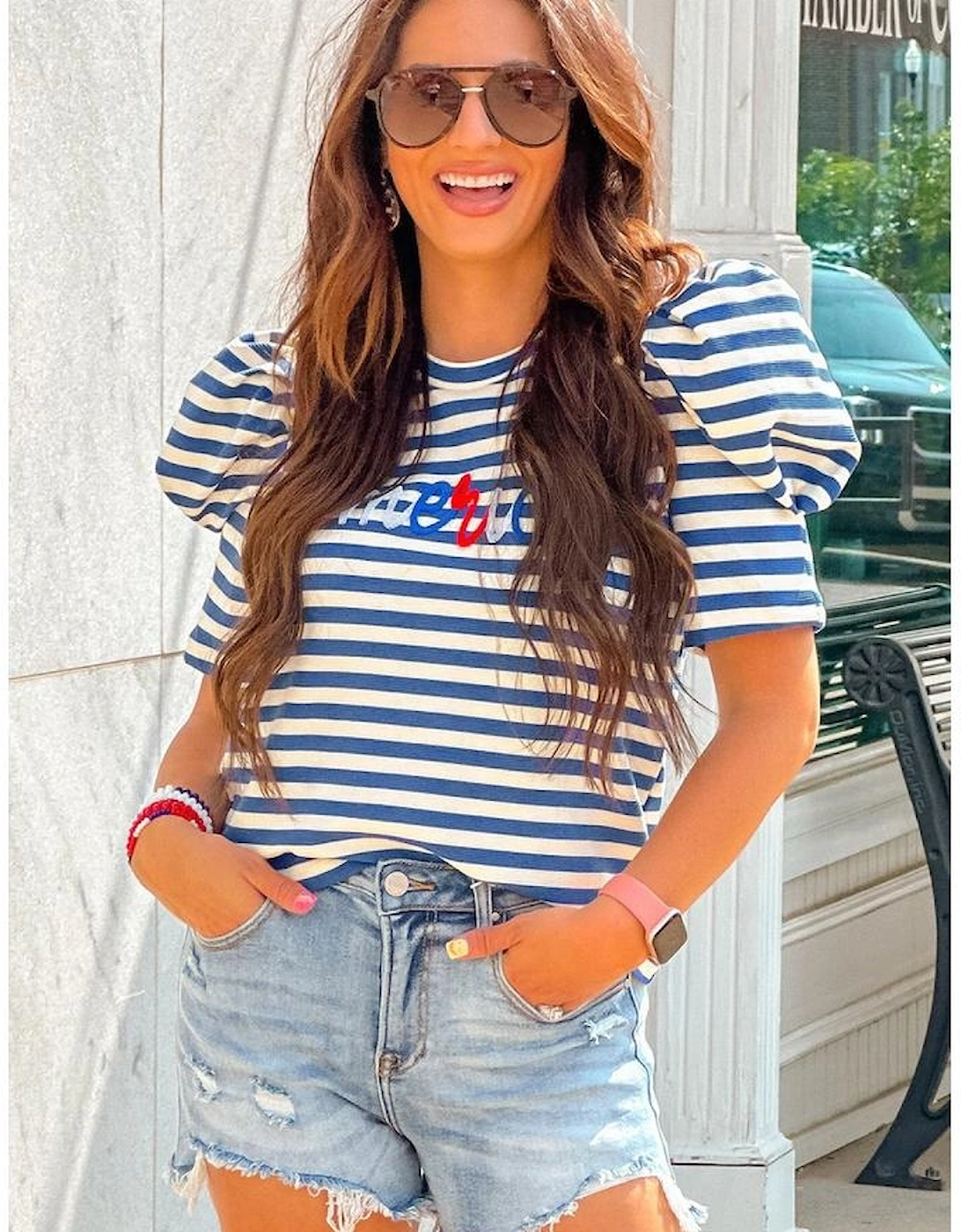 Blue Stripe America Cursive Graphic Puff Sleeve T-shirt