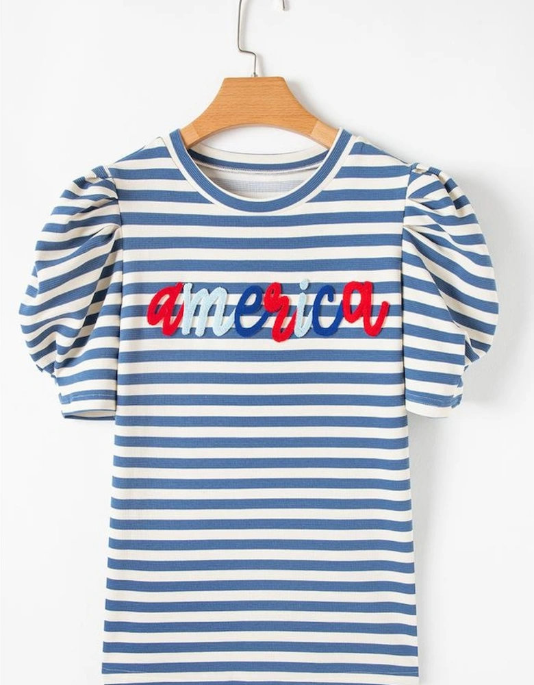 Blue Stripe America Cursive Graphic Puff Sleeve T-shirt