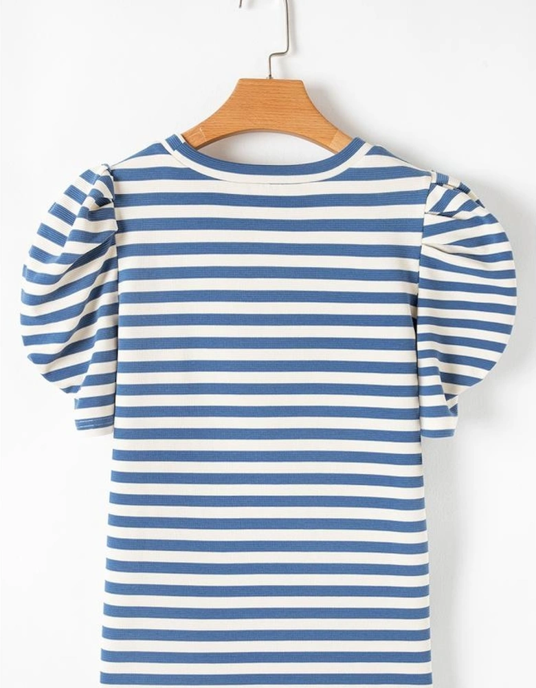 Blue Stripe America Cursive Graphic Puff Sleeve T-shirt