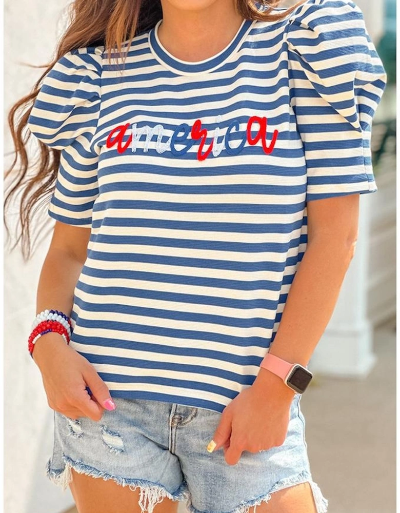 Blue Stripe America Cursive Graphic Puff Sleeve T-shirt