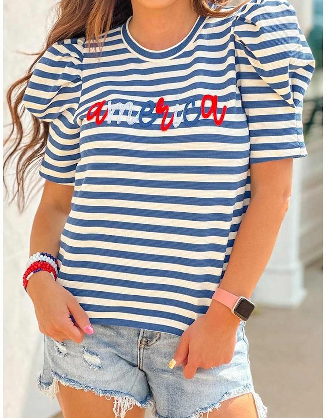 Blue Stripe America Cursive Graphic Puff Sleeve T-shirt