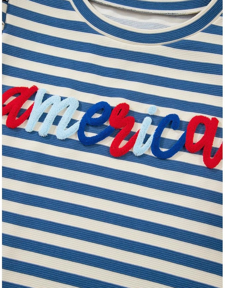 Blue Stripe America Cursive Graphic Puff Sleeve T-shirt