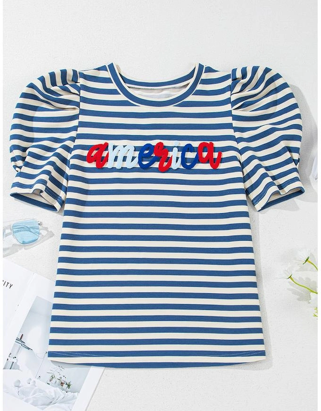 Blue Stripe America Cursive Graphic Puff Sleeve T-shirt