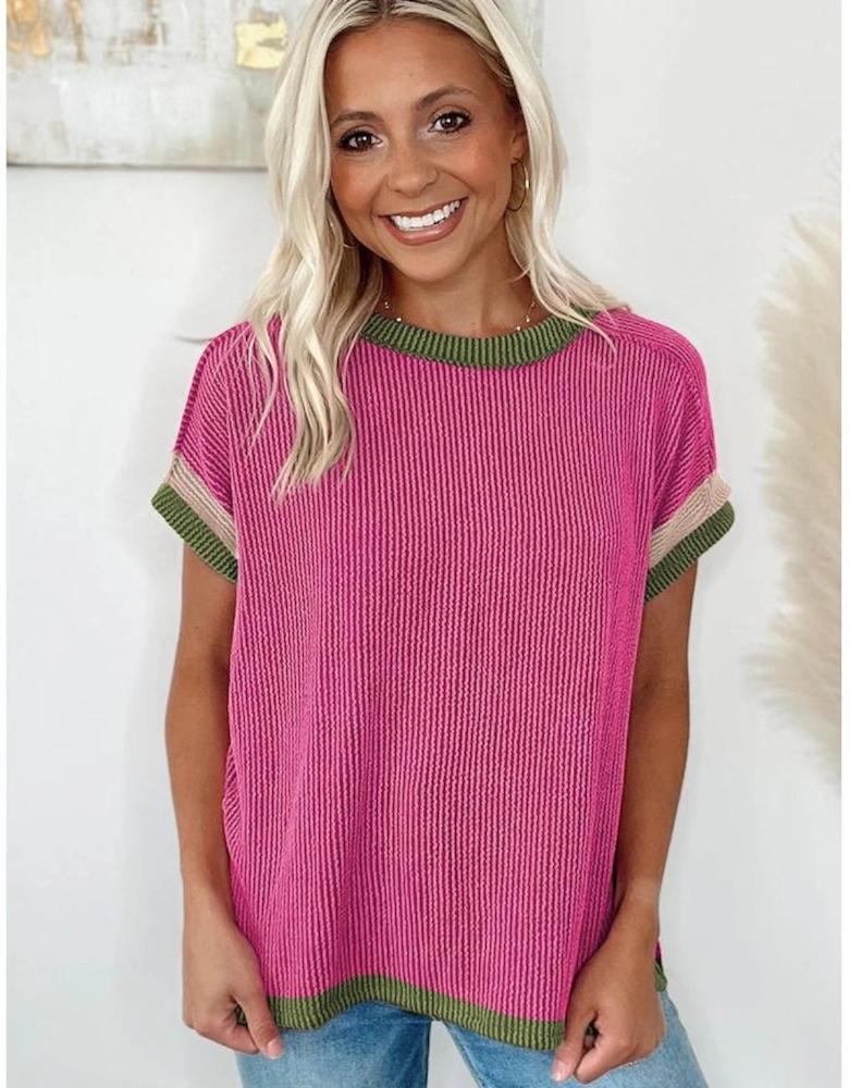 Rose Red Textured Contrast Trim Round Neck T Shirt