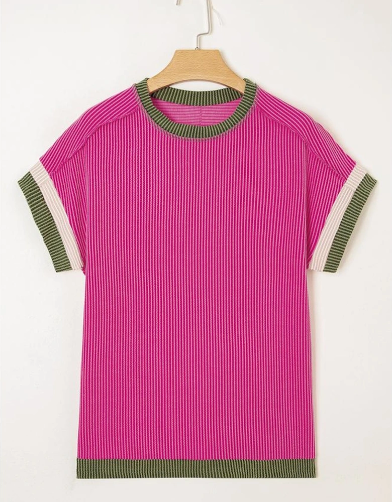 Rose Red Textured Contrast Trim Round Neck T Shirt