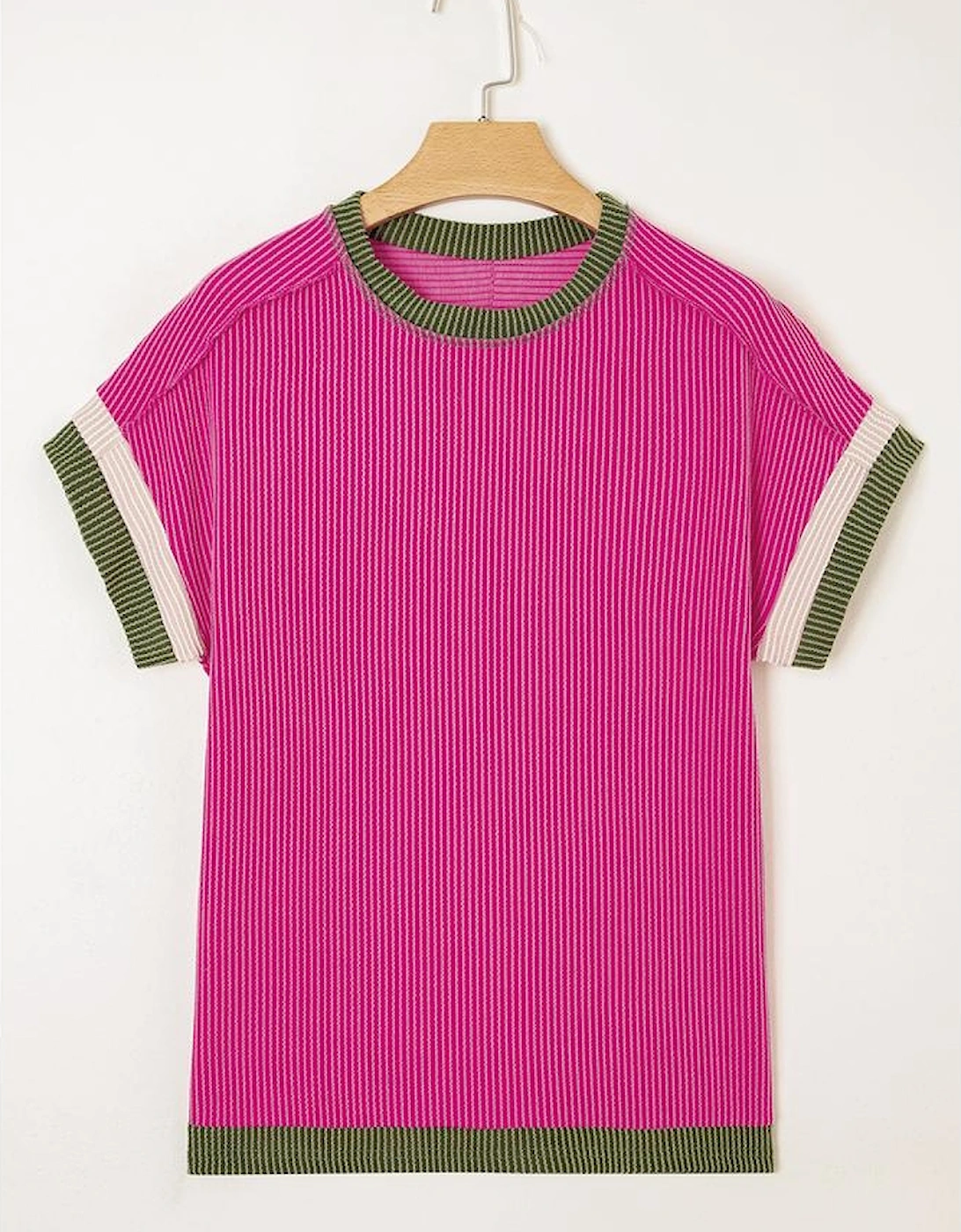 Rose Red Textured Contrast Trim Round Neck T Shirt