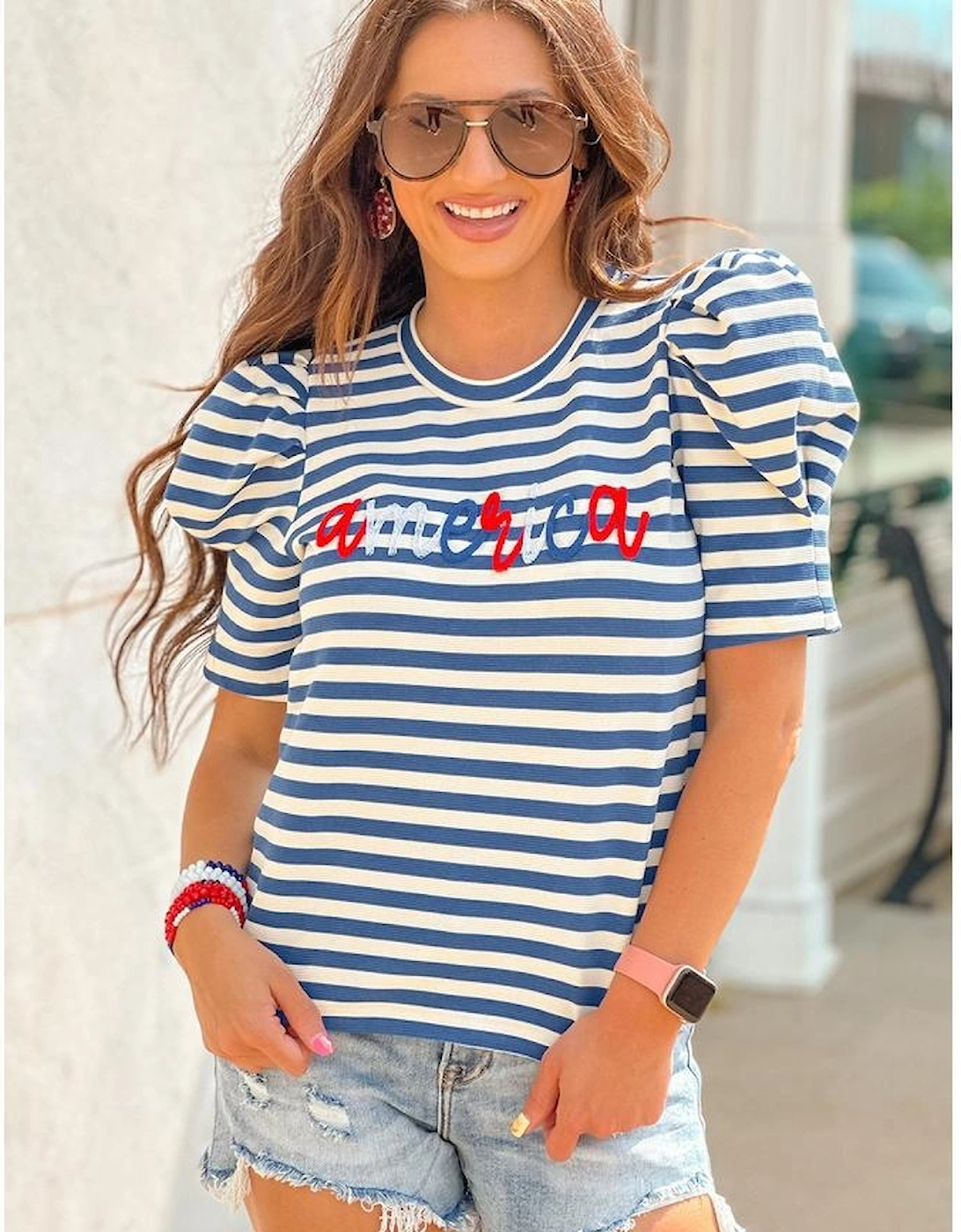 Blue Stripe America Cursive Graphic Puff Sleeve T-shirt