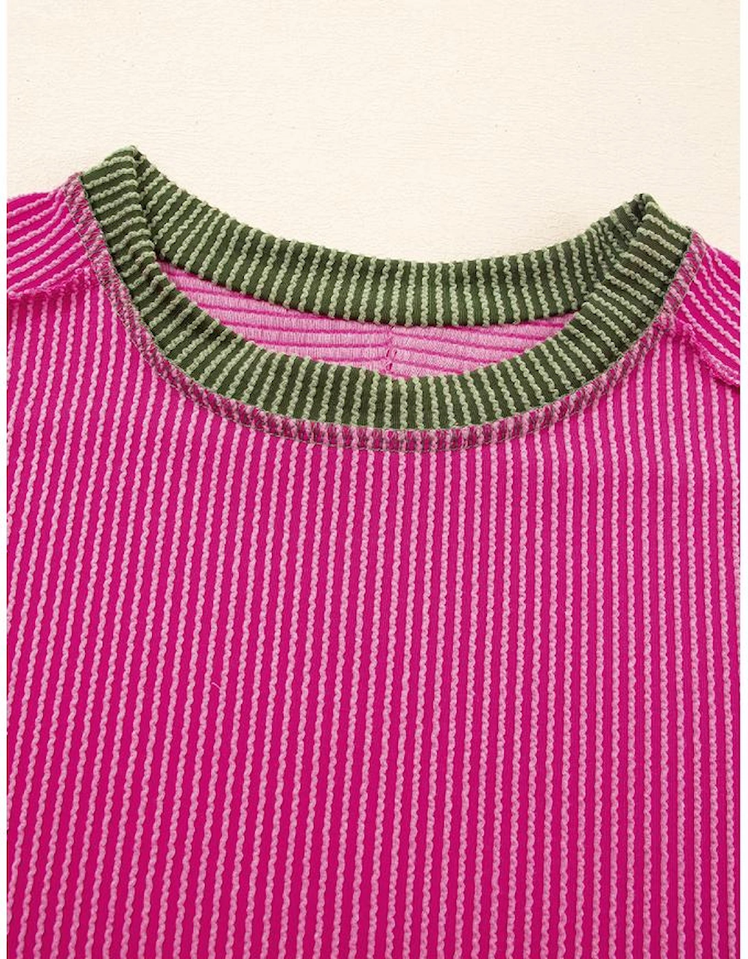 Rose Red Textured Contrast Trim Round Neck T Shirt