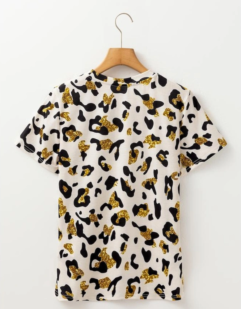 Apricot Leopard Print Round Neck Casual T Shirt