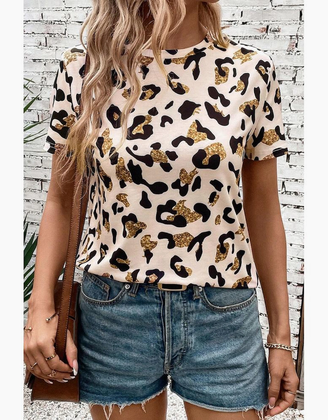 Apricot Leopard Print Round Neck Casual T Shirt