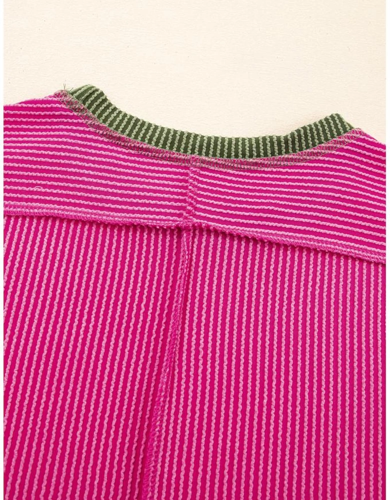 Rose Red Textured Contrast Trim Round Neck T Shirt