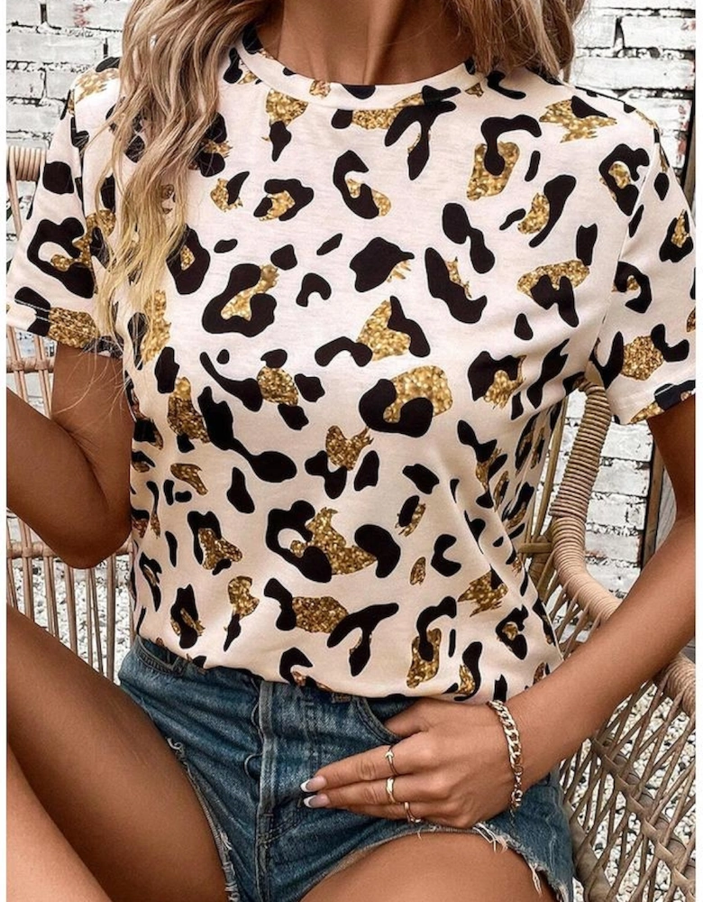 Apricot Leopard Print Round Neck Casual T Shirt