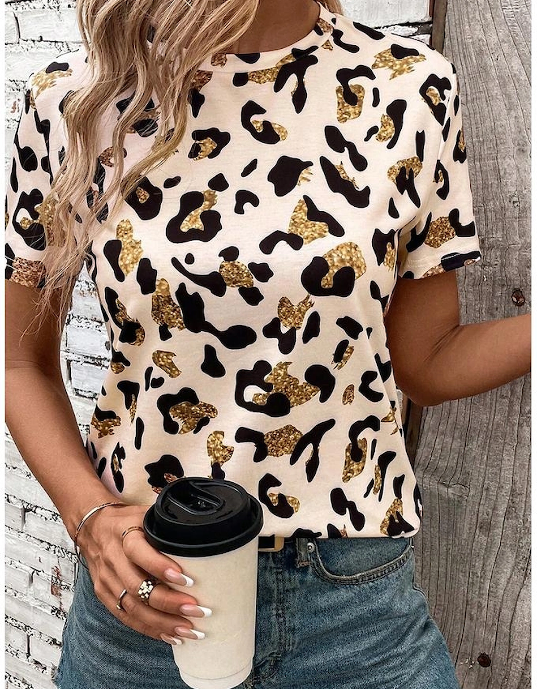 Apricot Leopard Print Round Neck Casual T Shirt
