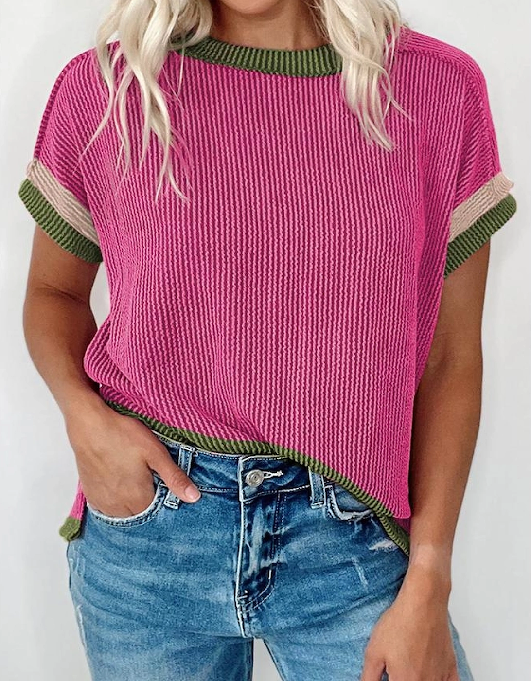 Rose Red Textured Contrast Trim Round Neck T Shirt