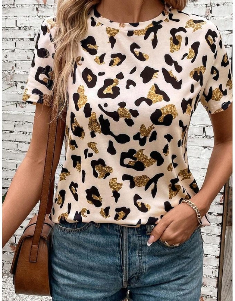 Apricot Leopard Print Round Neck Casual T Shirt