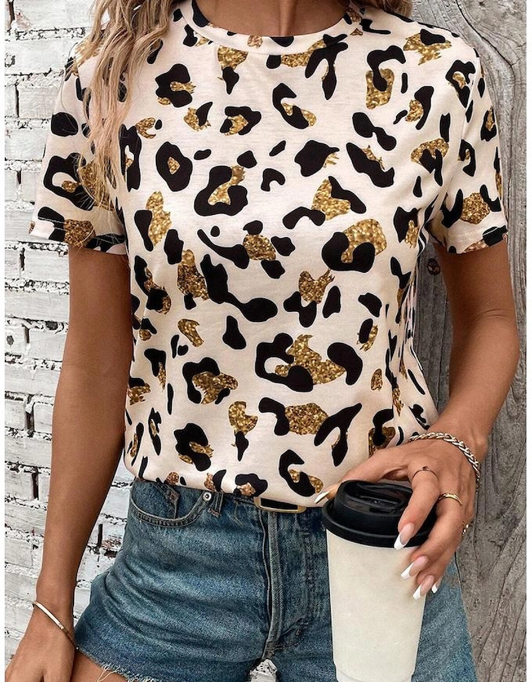 Apricot Leopard Print Round Neck Casual T Shirt