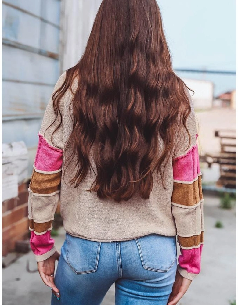 Simply Taupe Colorblock Exposed Seam Round Neck Sweater