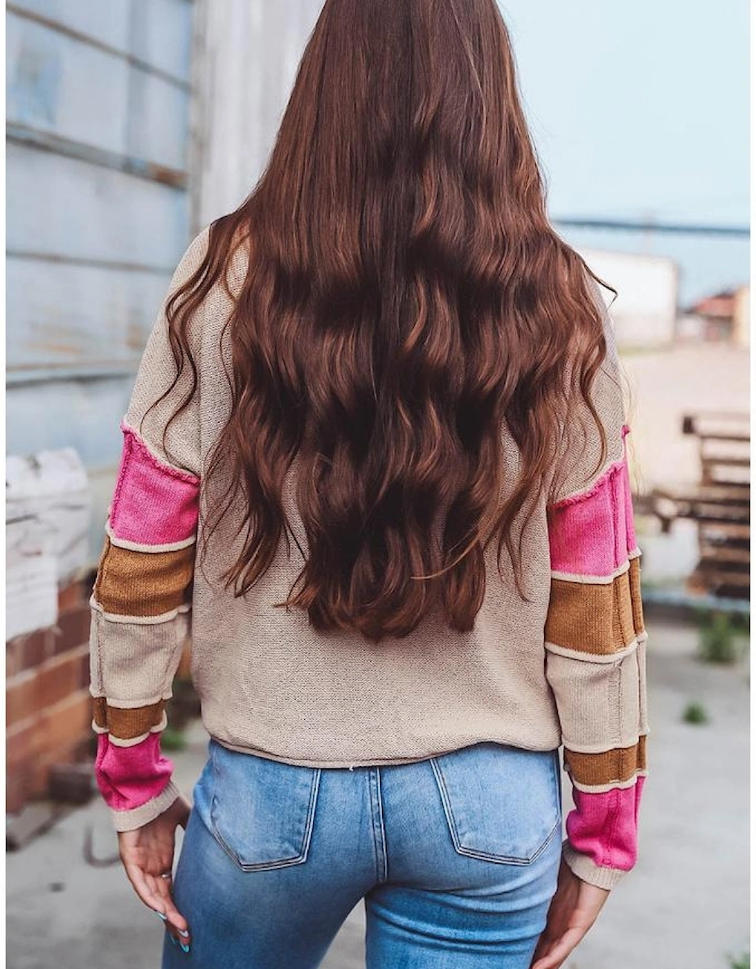 Simply Taupe Colorblock Exposed Seam Round Neck Sweater