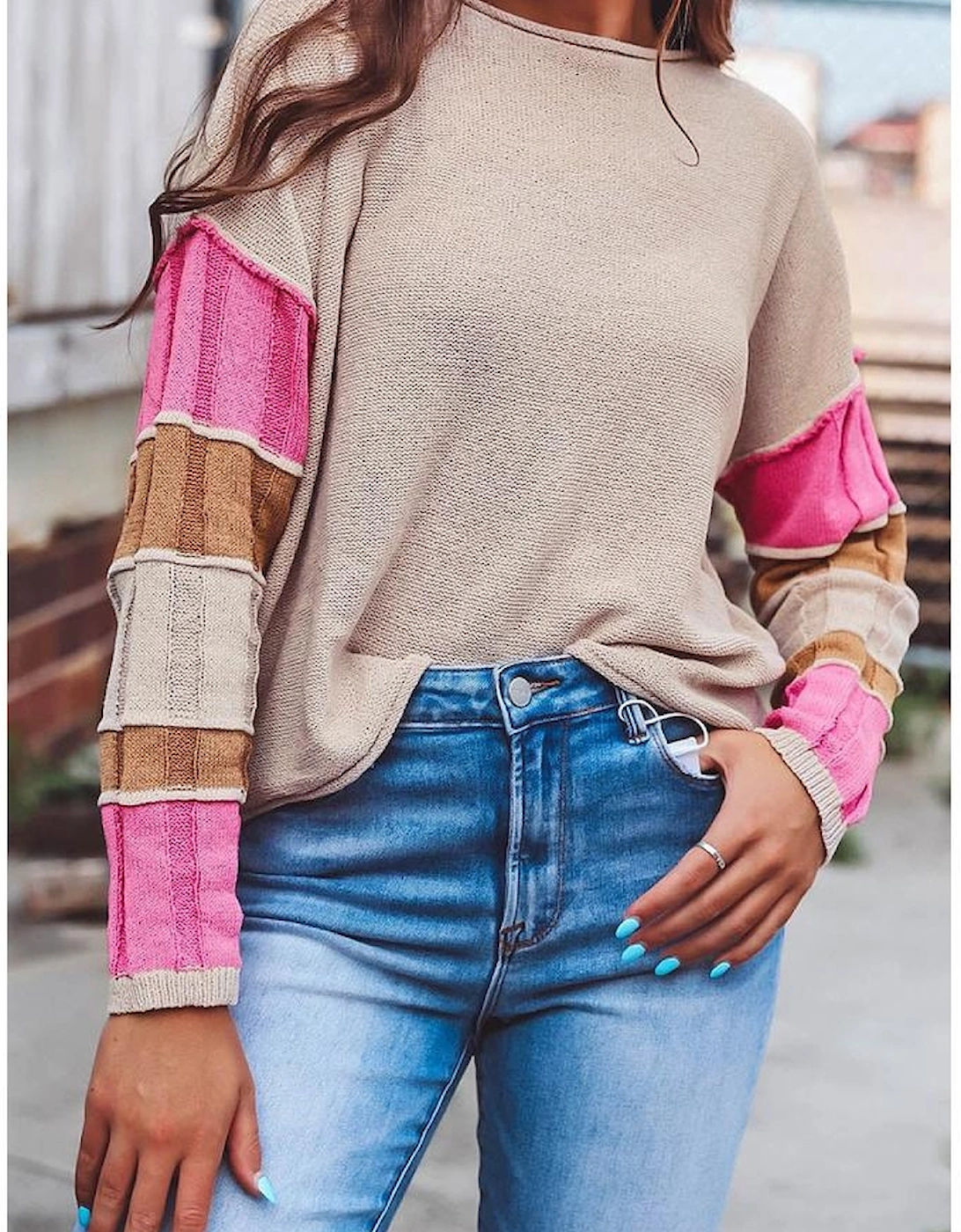 Simply Taupe Colorblock Exposed Seam Round Neck Sweater