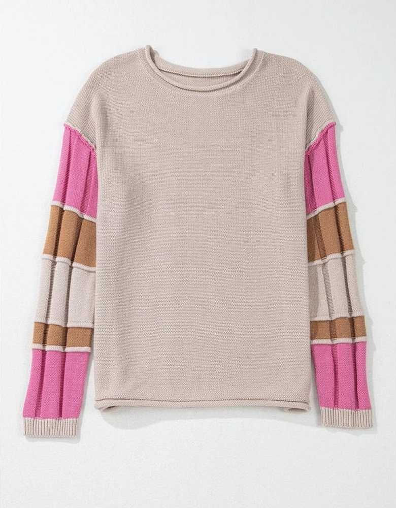 Simply Taupe Colorblock Exposed Seam Round Neck Sweater