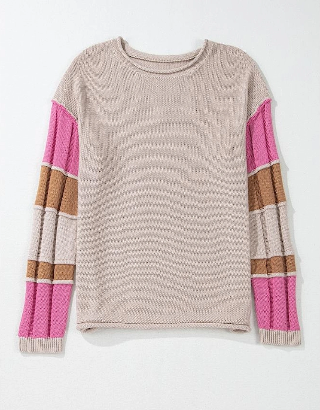 Simply Taupe Colorblock Exposed Seam Round Neck Sweater