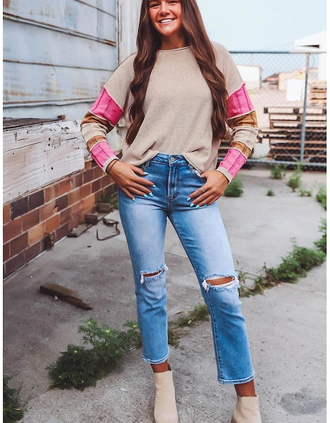 Simply Taupe Colorblock Exposed Seam Round Neck Sweater