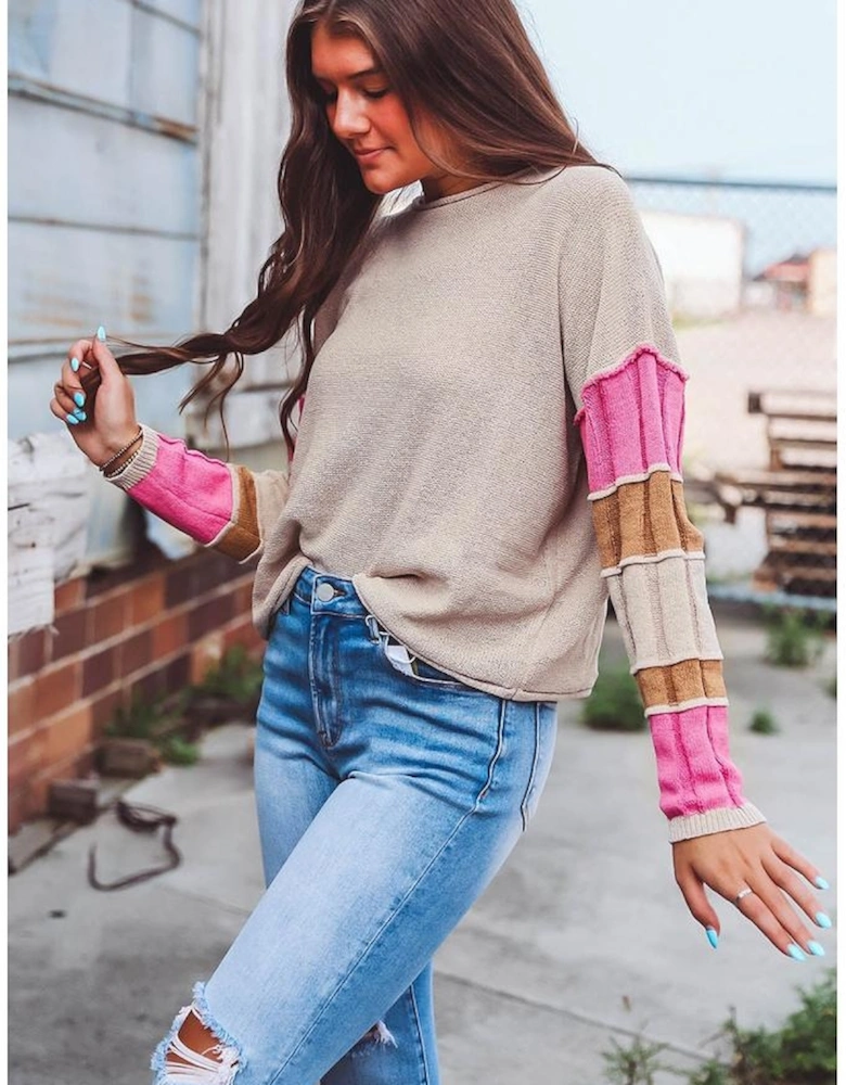 Simply Taupe Colorblock Exposed Seam Round Neck Sweater