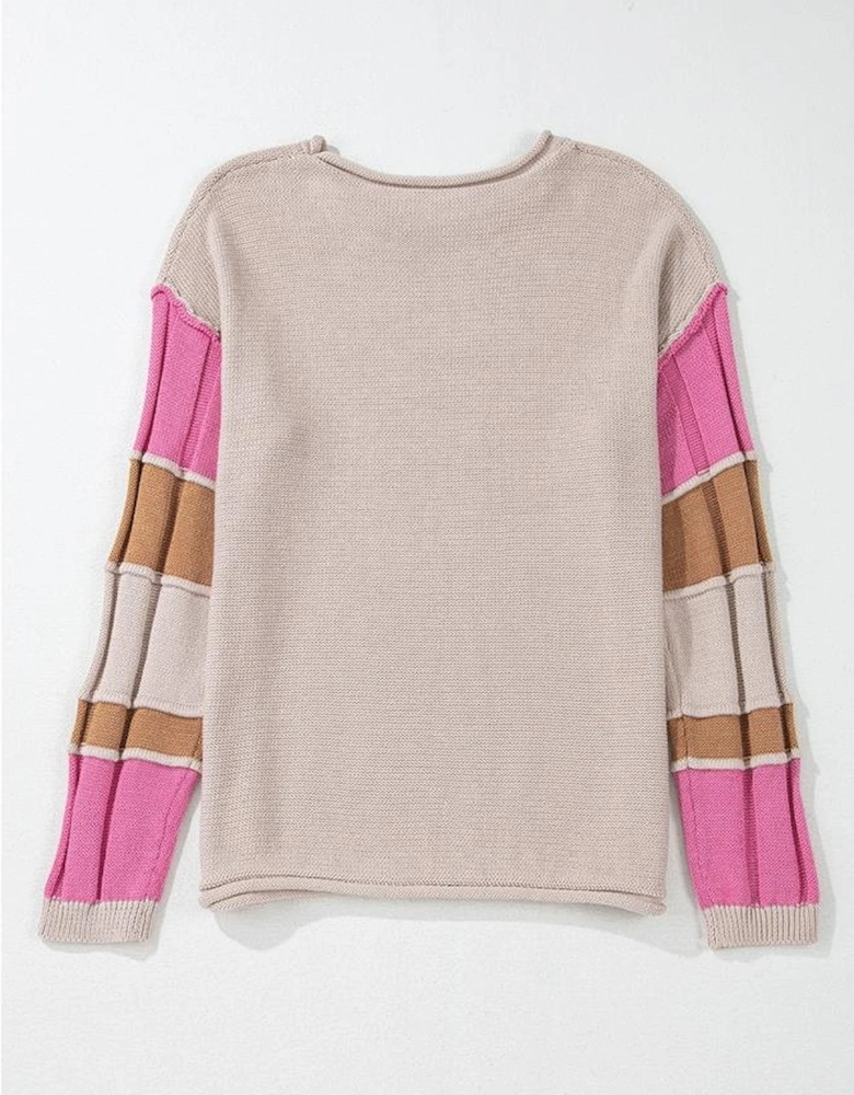 Simply Taupe Colorblock Exposed Seam Round Neck Sweater