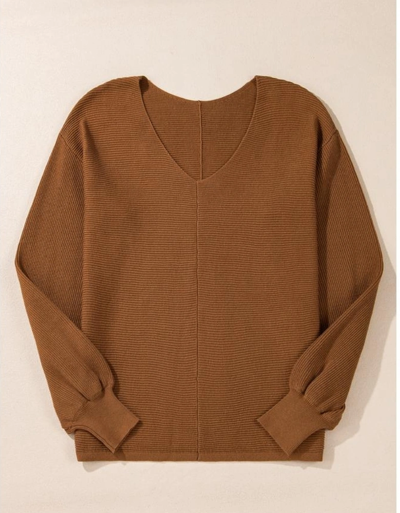 Camel Ribbed Knit Drop Sleeve V Neck Loose Fit Sweater
