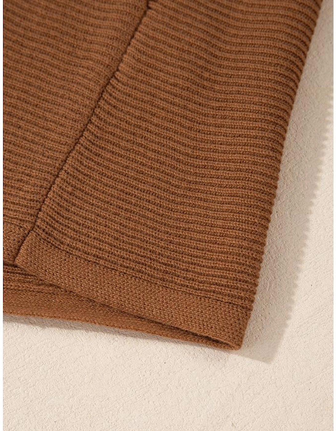 Camel Ribbed Knit Drop Sleeve V Neck Loose Fit Sweater