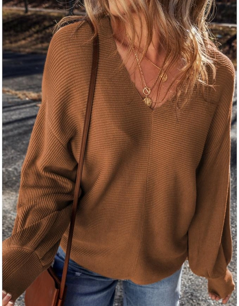 Camel Ribbed Knit Drop Sleeve V Neck Loose Fit Sweater