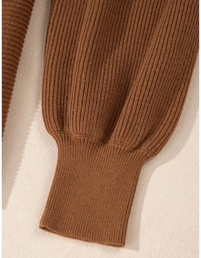 Camel Ribbed Knit Drop Sleeve V Neck Loose Fit Sweater