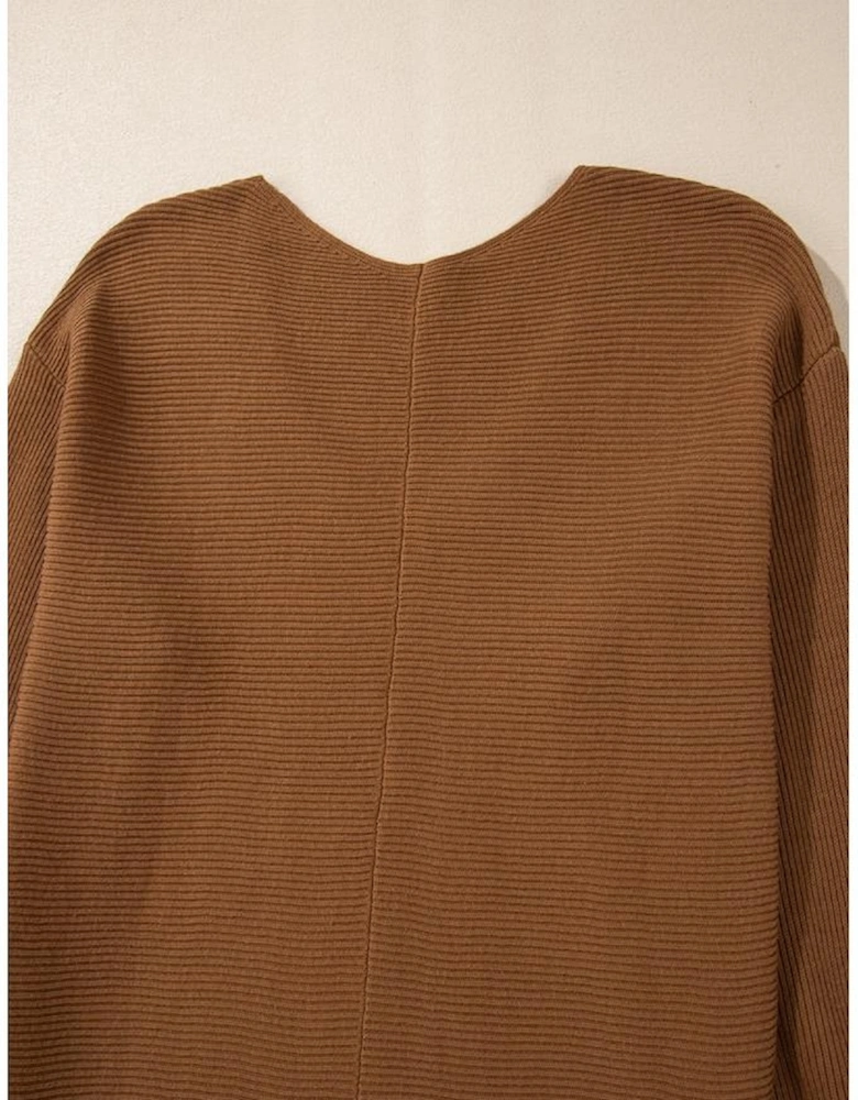 Camel Ribbed Knit Drop Sleeve V Neck Loose Fit Sweater