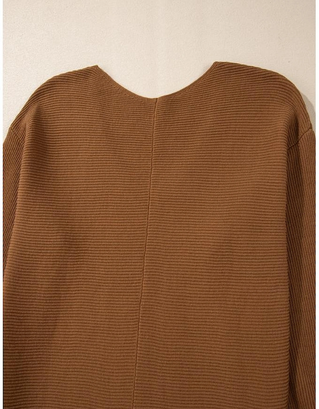 Camel Ribbed Knit Drop Sleeve V Neck Loose Fit Sweater