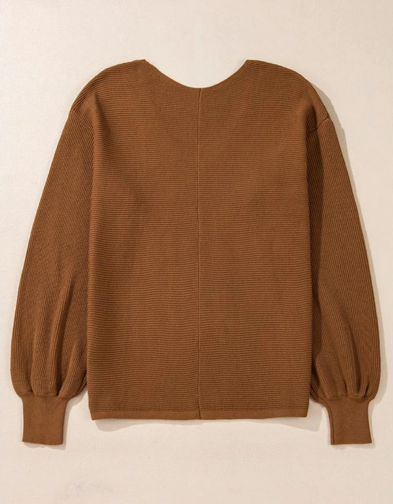 Camel Ribbed Knit Drop Sleeve V Neck Loose Fit Sweater