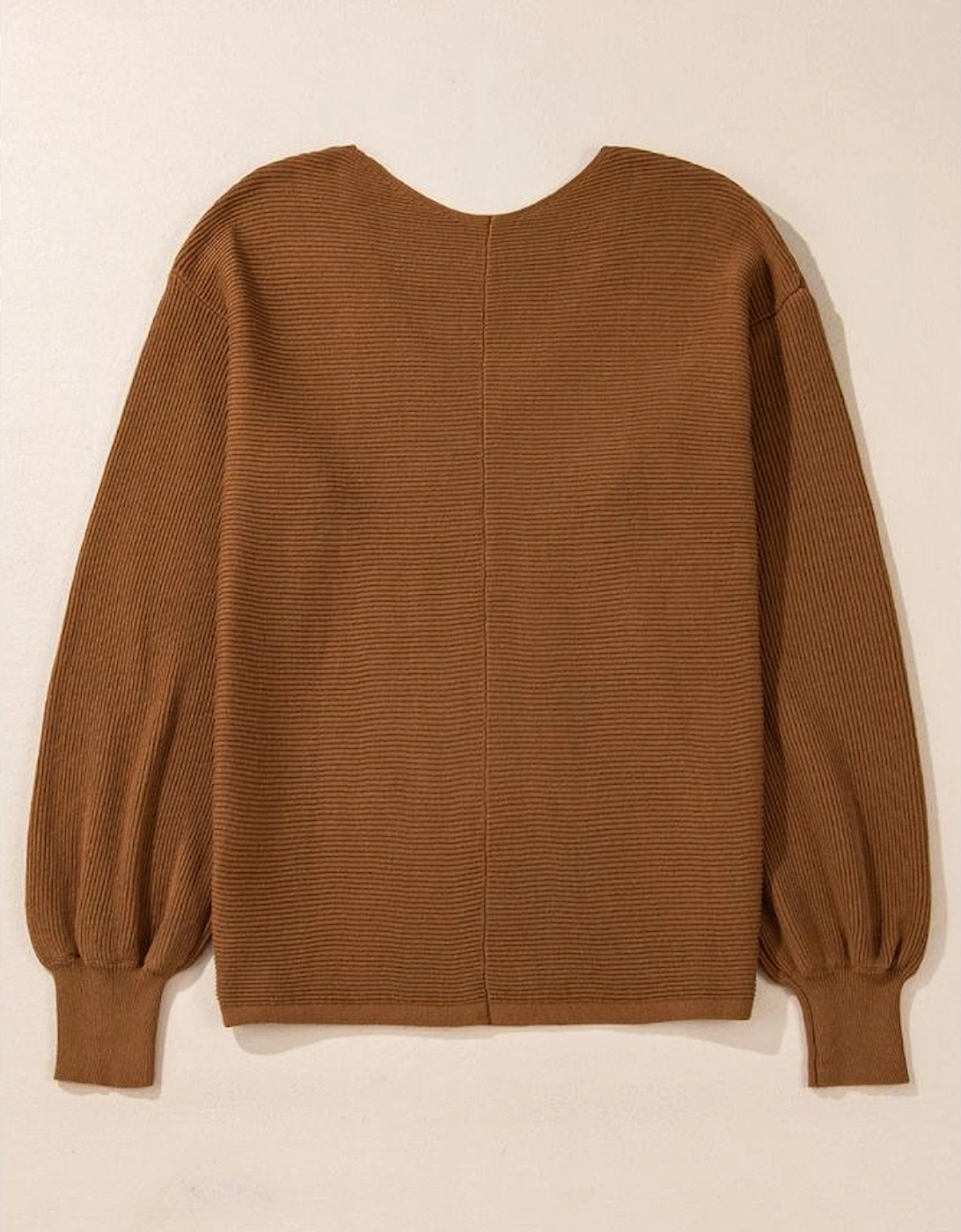 Camel Ribbed Knit Drop Sleeve V Neck Loose Fit Sweater