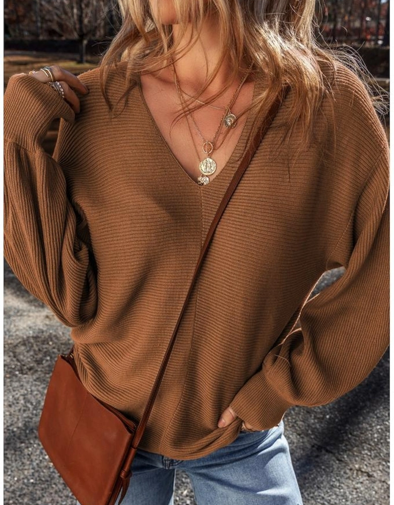 Camel Ribbed Knit Drop Sleeve V Neck Loose Fit Sweater