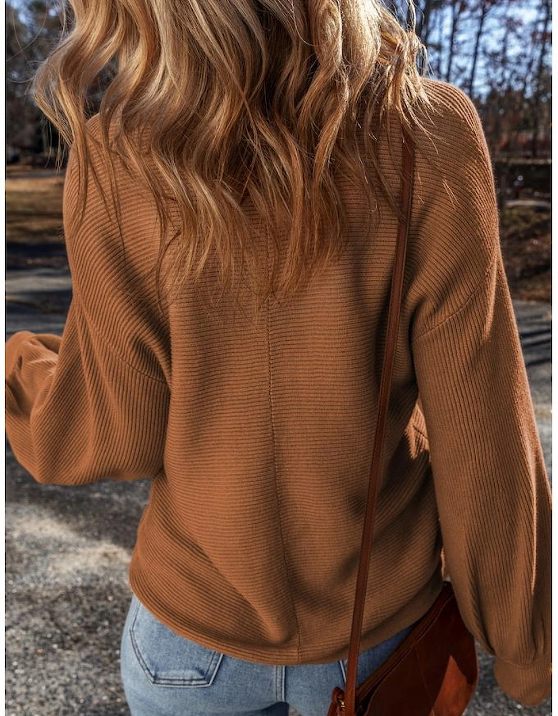 Camel Ribbed Knit Drop Sleeve V Neck Loose Fit Sweater