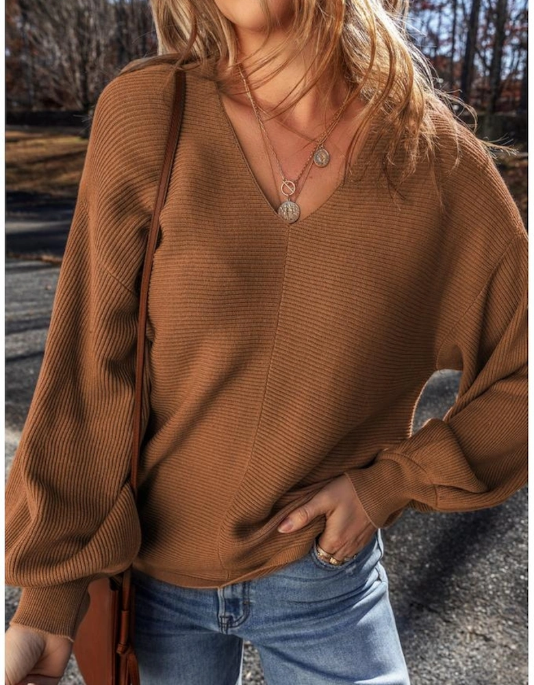 Camel Ribbed Knit Drop Sleeve V Neck Loose Fit Sweater