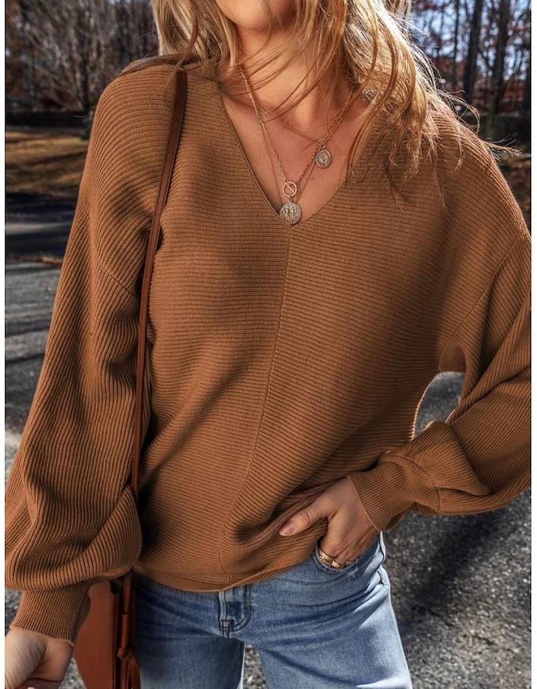 Camel Ribbed Knit Drop Sleeve V Neck Loose Fit Sweater