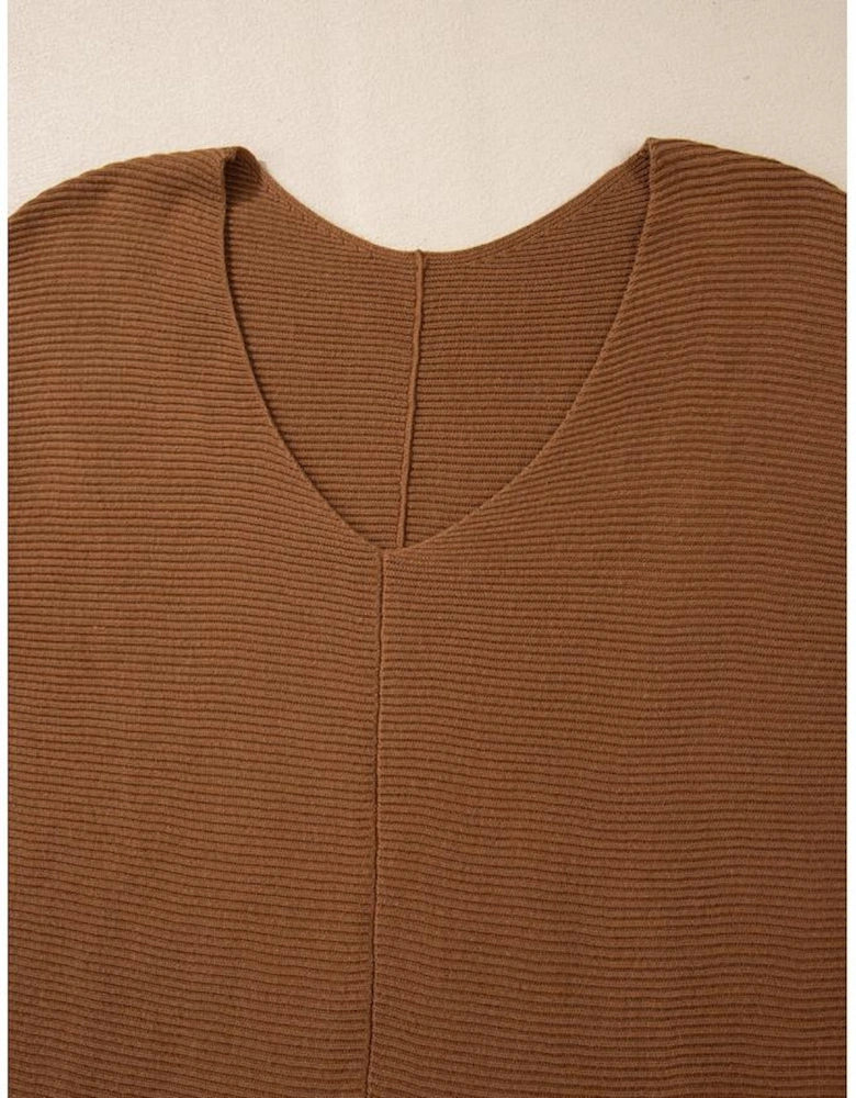 Camel Ribbed Knit Drop Sleeve V Neck Loose Fit Sweater