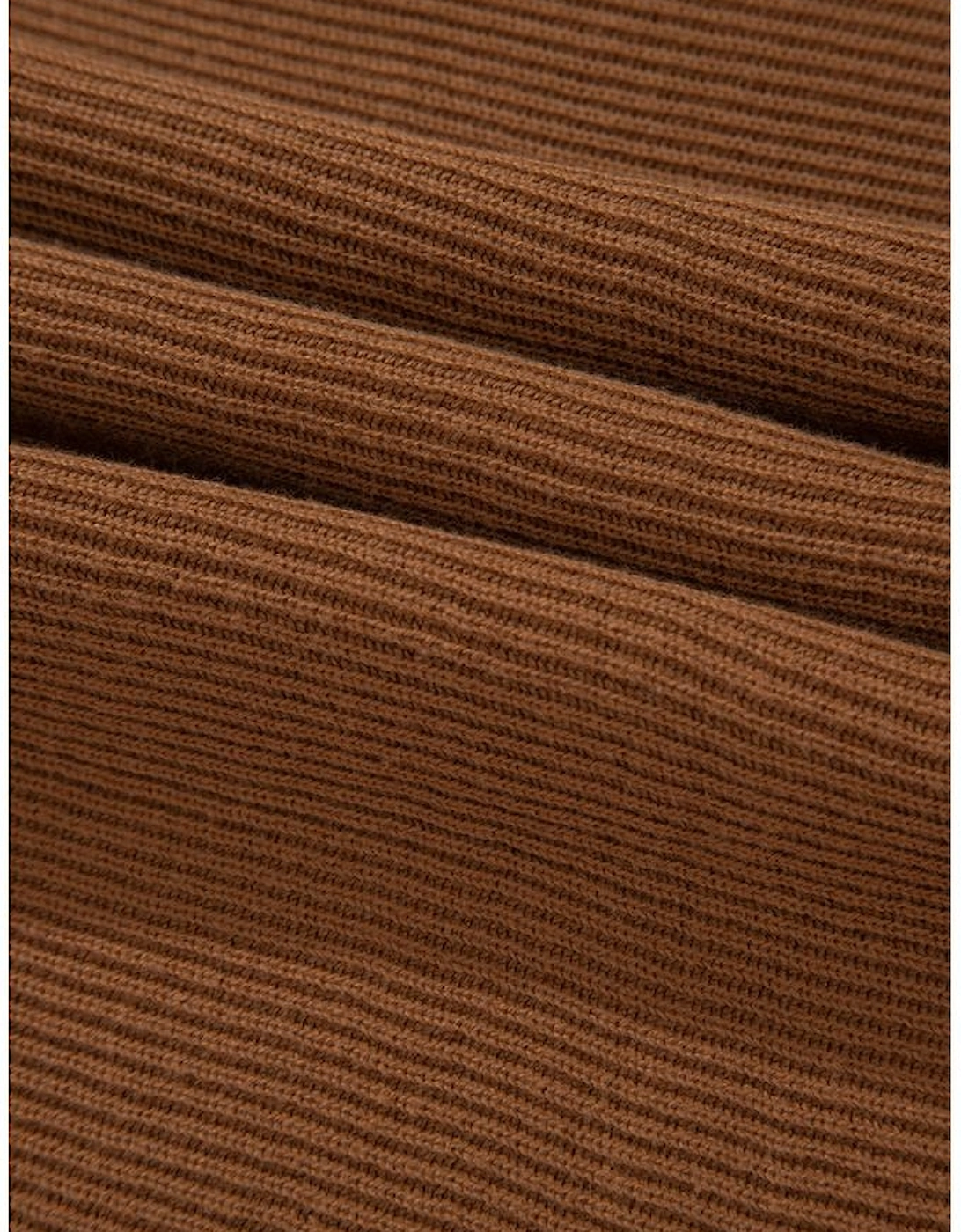 Camel Ribbed Knit Drop Sleeve V Neck Loose Fit Sweater