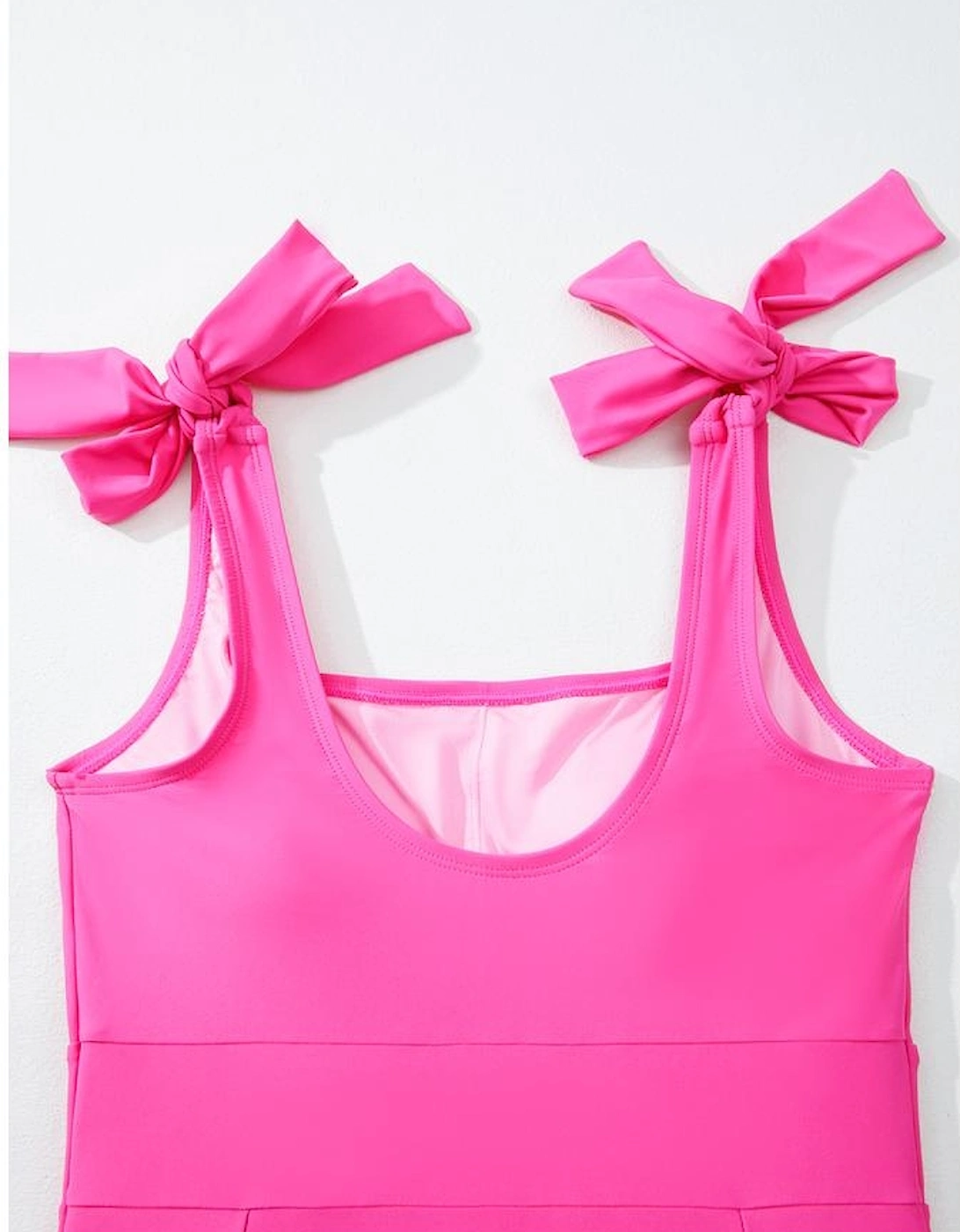 Rose Red Square Neck Knotted Shoulder Open Back One Piece Swimsuit