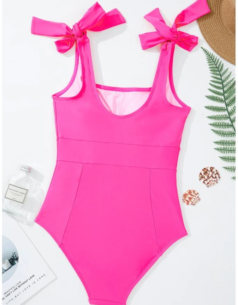 Rose Red Square Neck Knotted Shoulder Open Back One Piece Swimsuit