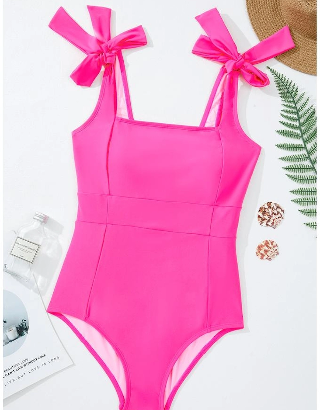 Rose Red Square Neck Knotted Shoulder Open Back One Piece Swimsuit